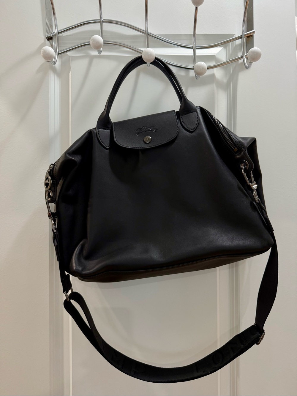 Longchamp Black Leather Large Top-Handle Shoulder Bag